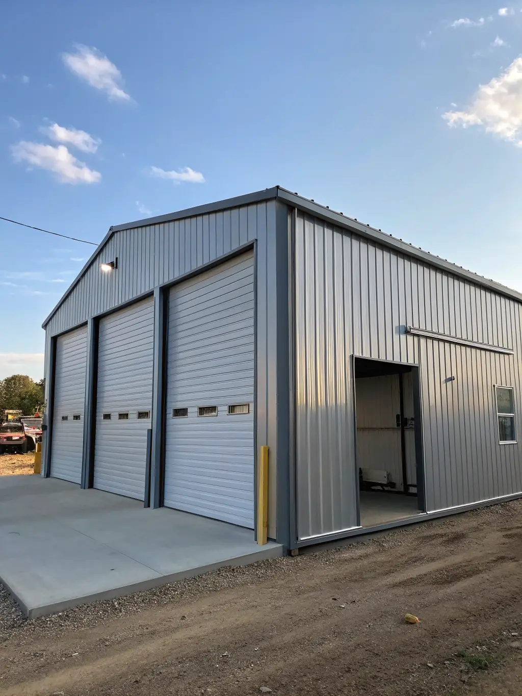 A photograph of a medium-sized steel workshop with a roll-up door, highlighting its versatility and suitability for various uses.