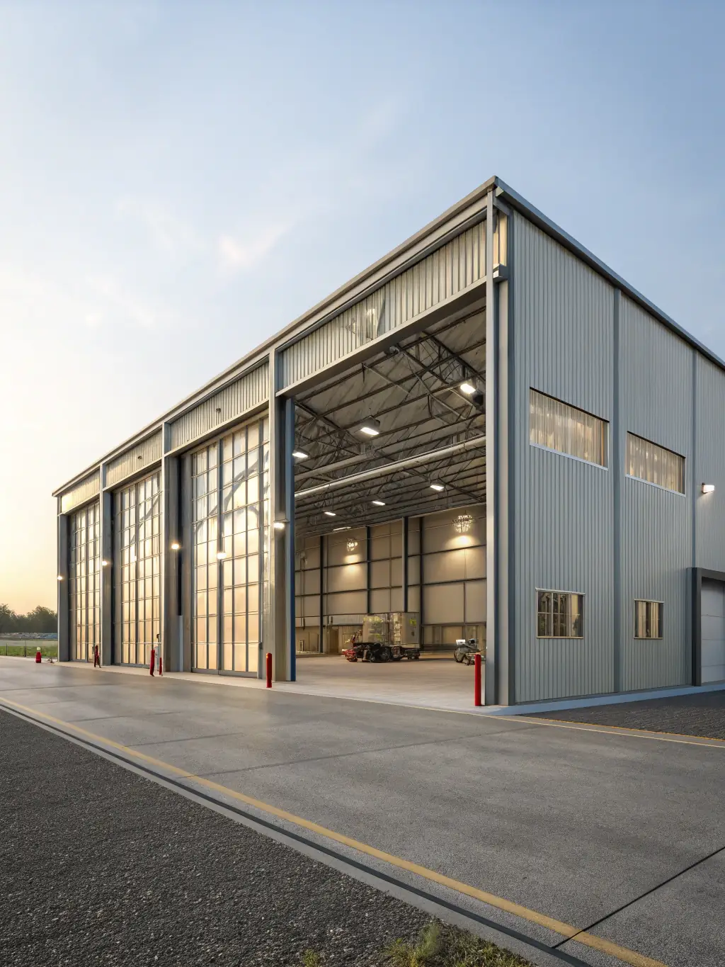 An image of a large, multi-door steel workshop, emphasizing its spaciousness and suitability for commercial operations.