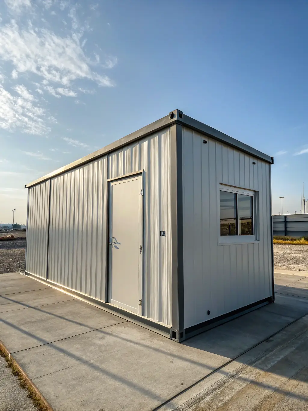 A 3D rendering of a small, single-door steel workshop, showcasing its compact size and simple design, suitable for a small business or hobbyist.