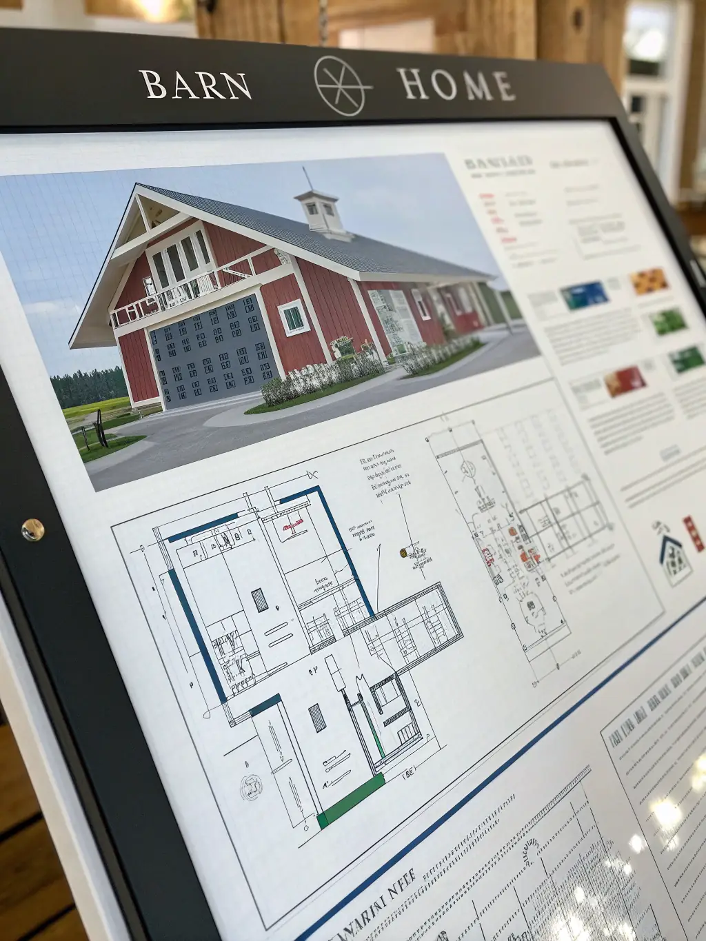 A blueprint-style image showcasing the detailed plans and door options available for a custom steel workshop design.