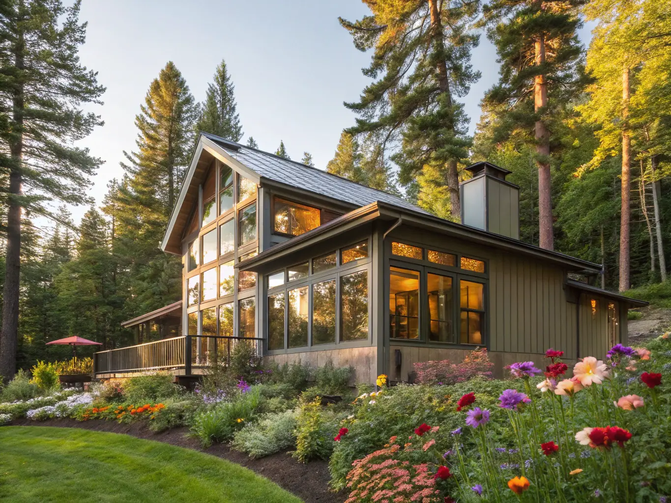 A modern steel home with a clean, minimalist design, showcasing its durability and aesthetic appeal. The home is surrounded by a well-maintained lawn and landscaping, emphasizing its residential use.