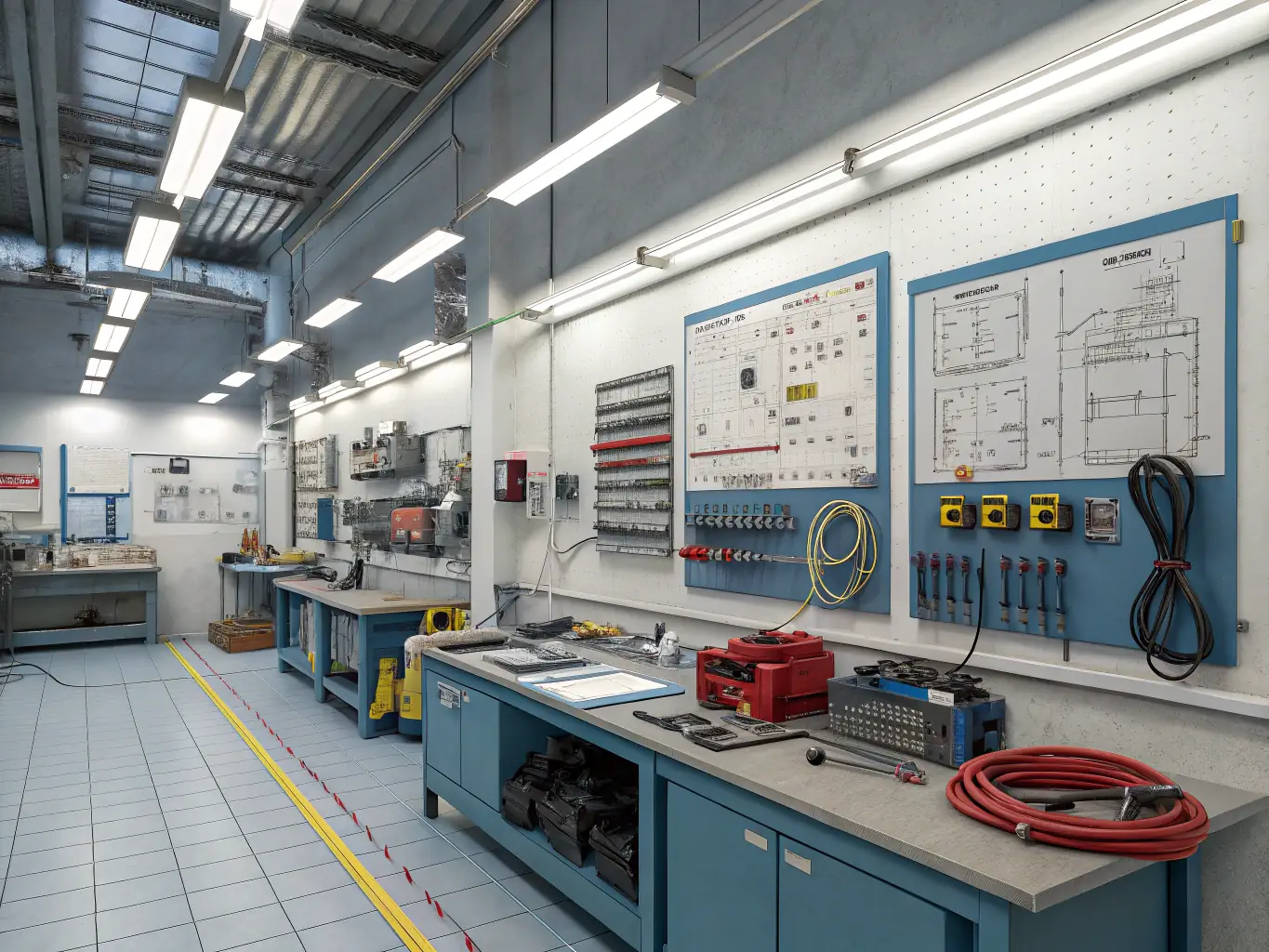 A spacious steel workshop with large roll-up doors, highlighting its functionality and versatility. Tools and equipment are neatly organized inside, demonstrating its suitability for various projects.